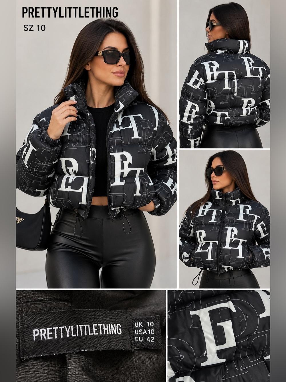 PrettyLittleThing Black & White Cropped Logo Puffer Jacket Sz 10 NWT